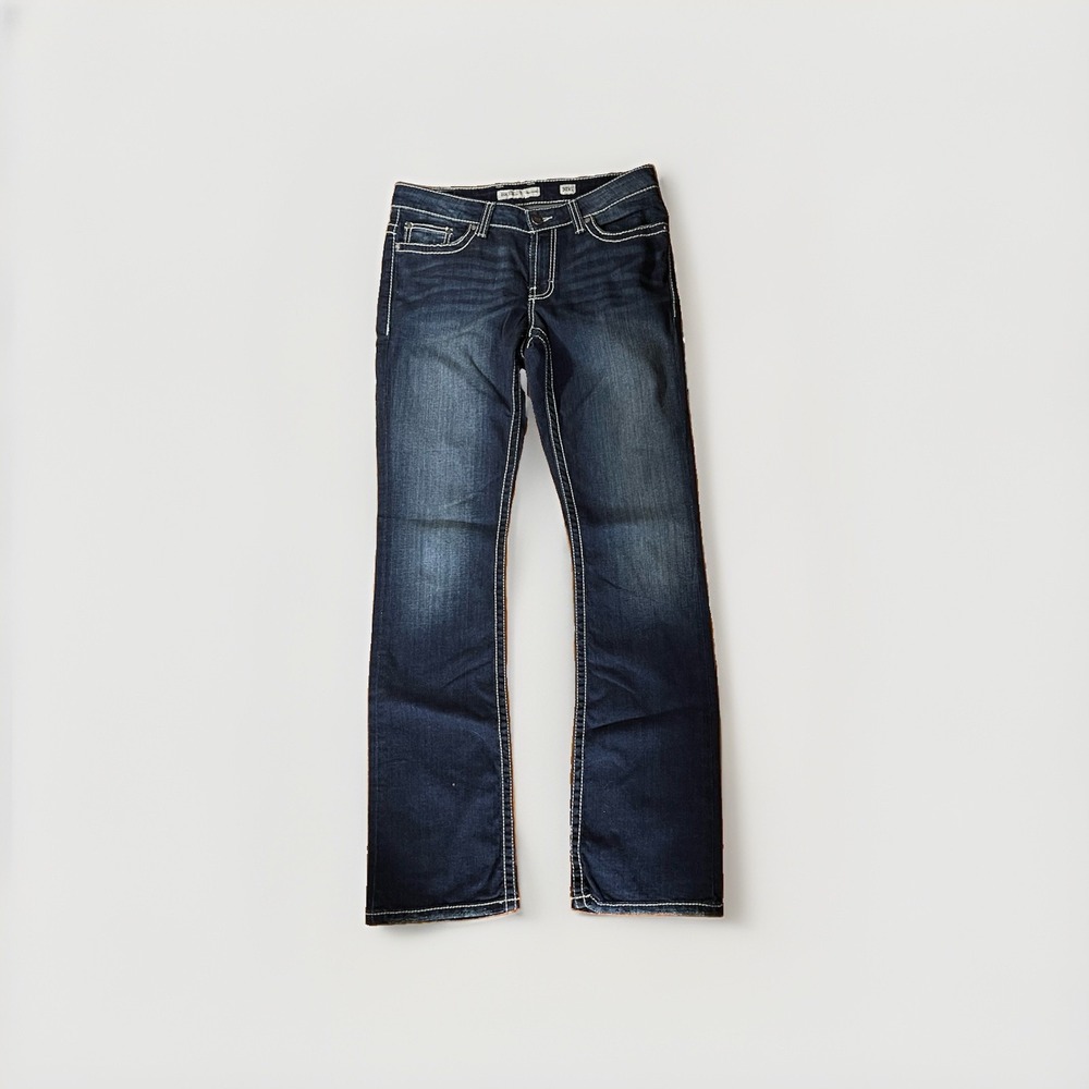 BKE Payton Bootcut Jeans Womens 33x35 Dark Wash Excellent Distressed Mid Rise